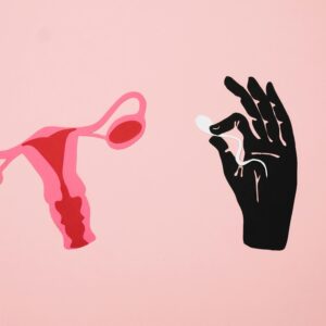 Creative abstract depiction of fertility using artistic symbolism on a pink background.