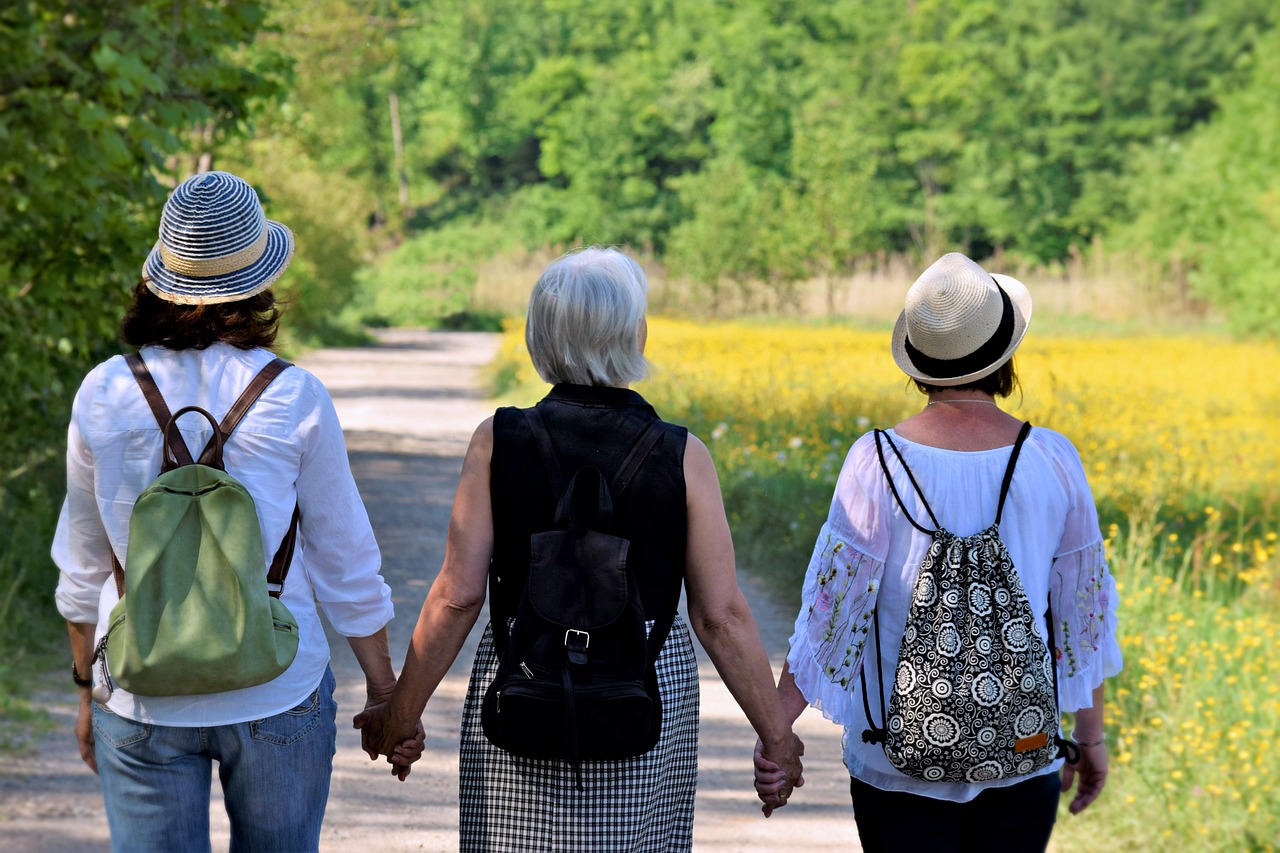 women, girlfriends, nature, walk, friendship, happy mothers day, together, hike, cohesion, help, affection, generations, mother, pleasure, trust, path, future, old, menopause, connectedness, life, excursion, recreation, time out